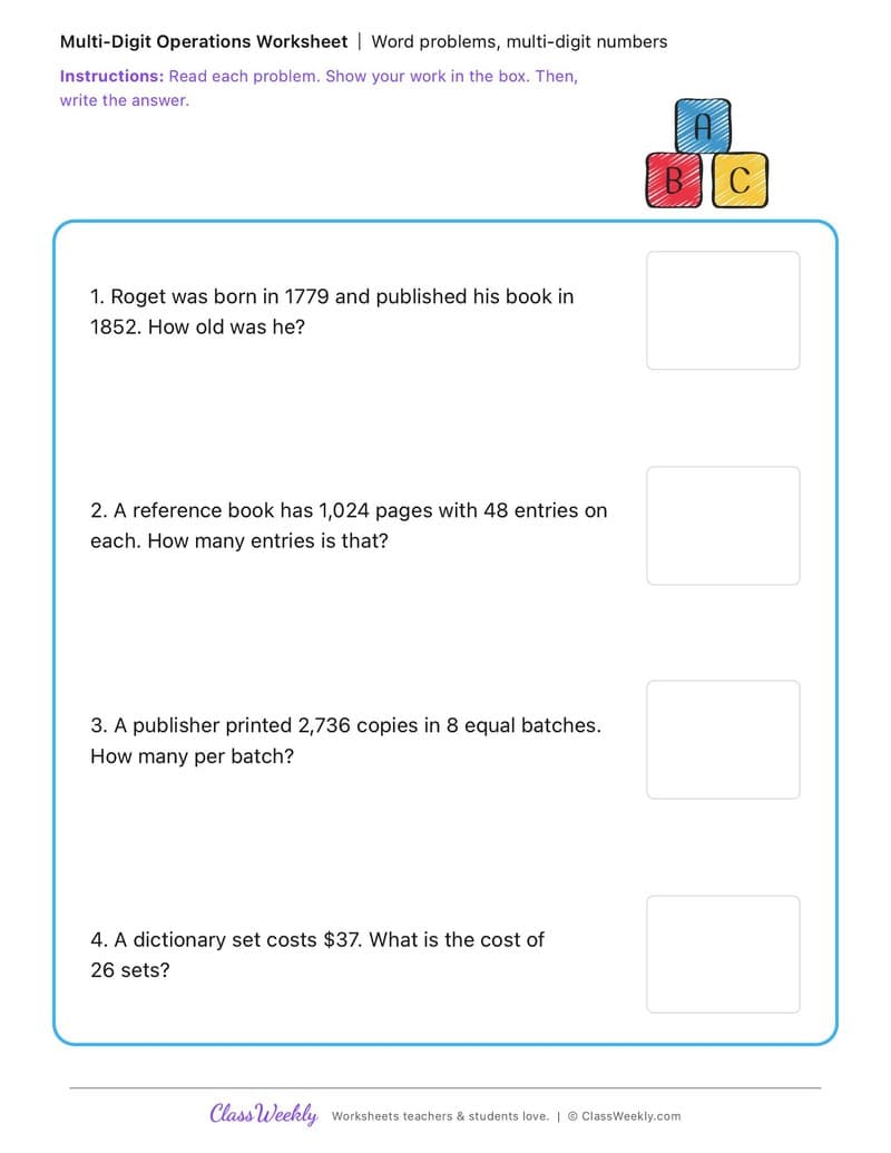 Word problems, multi-digit numbers - National Thesaurus Day - 4th Grade worksheet preview
