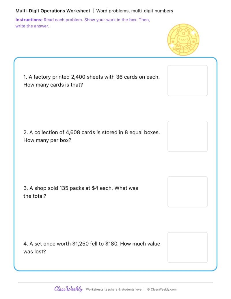Word problems, multi-digit numbers - National Trading Card Day - 4th Grade worksheet preview