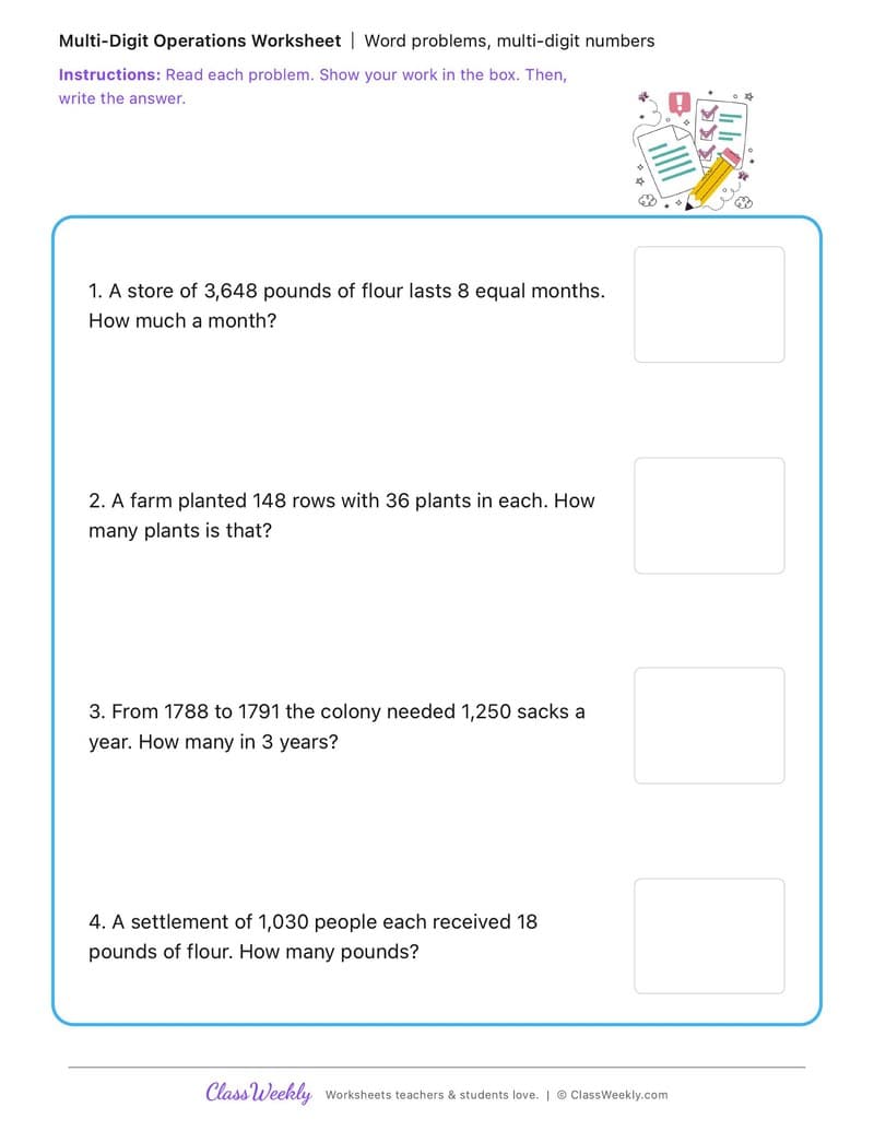 Word problems, multi-digit numbers - The First British Colony in Australia - 4th Grade worksheet preview