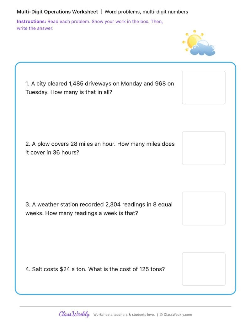 Word problems, multi-digit numbers - Winter Science & Weather - 4th Grade worksheet preview