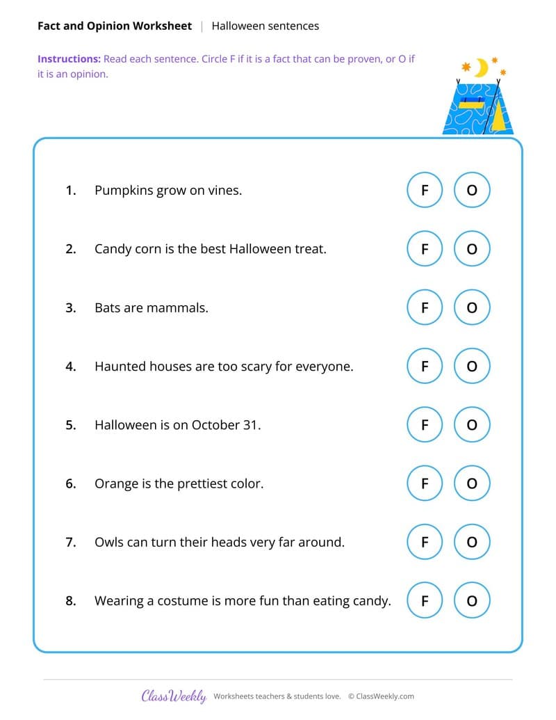 Fact or Opinion - Halloween - 4th Grade worksheet preview