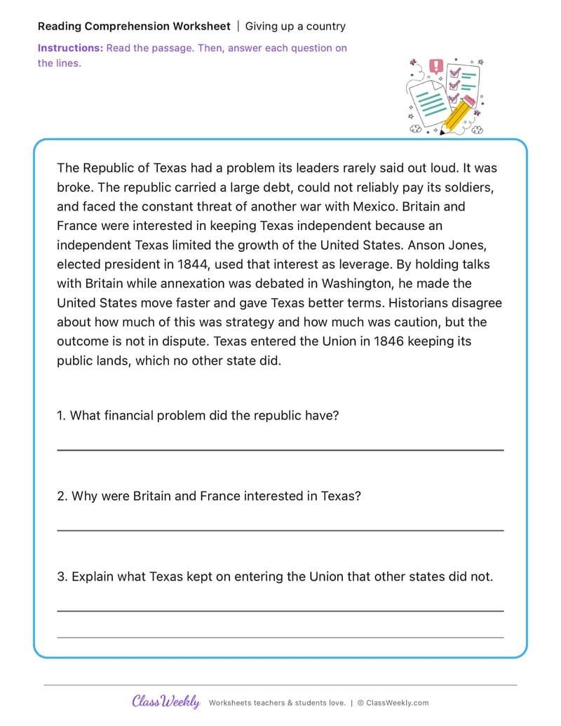 Giving up a country - Anson Jones - 4th Grade worksheet preview