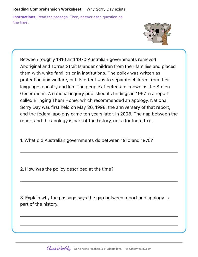 Why Sorry Day exists - Australia Day / ANZAC Day / Sorry Day - 4th Grade worksheet preview