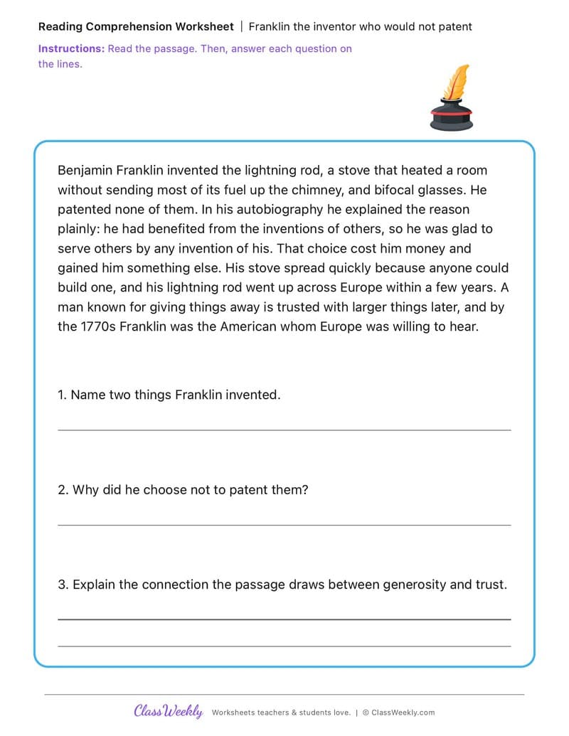 Franklin the inventor who would not patent - Benjamin Franklin - 4th Grade worksheet preview
