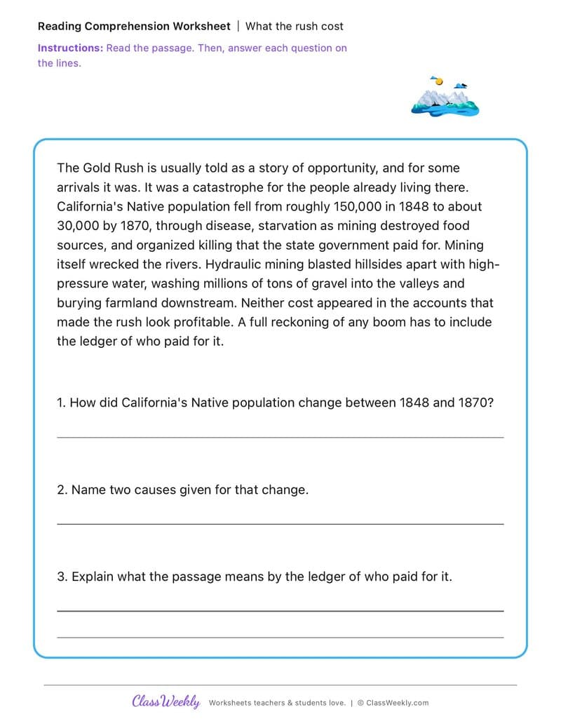 What the rush cost - California Gold Rush - 4th Grade worksheet preview