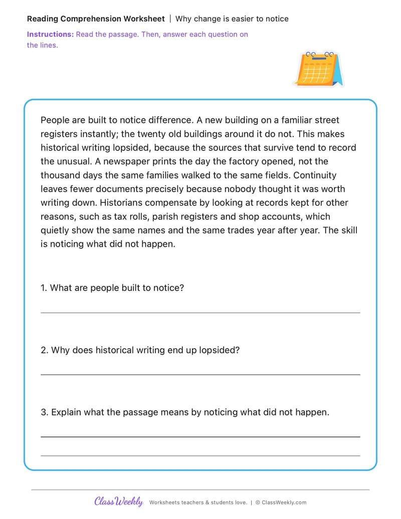Why change is easier to notice - Change and Continuity - 4th Grade worksheet preview