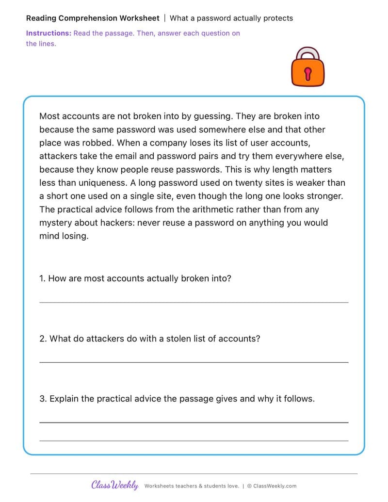 What a password actually protects - Data Privacy Day - 4th Grade worksheet preview