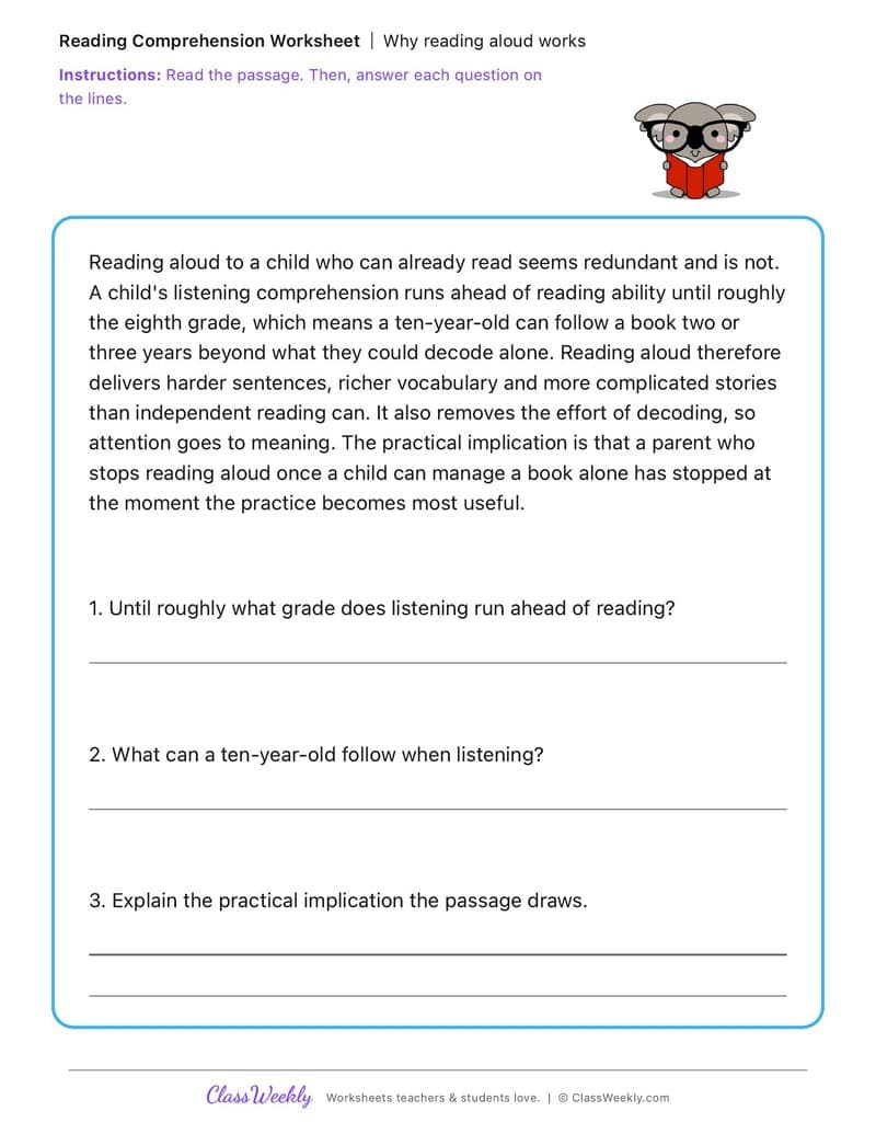 Why reading aloud works - Family Literacy Day - 4th Grade worksheet preview