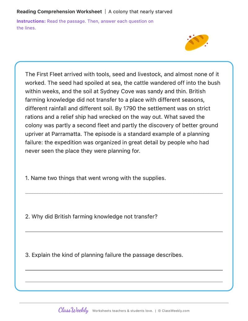 A colony that nearly starved - First Fleet - 4th Grade worksheet preview