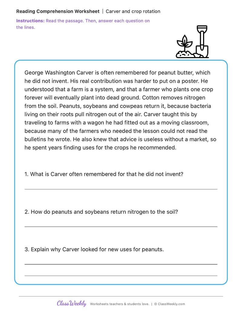 Carver and crop rotation - George Washington Carver - 4th Grade worksheet preview