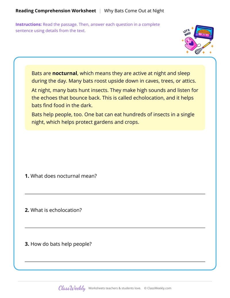 Why Bats Come Out at Night - Halloween - 4th Grade worksheet preview