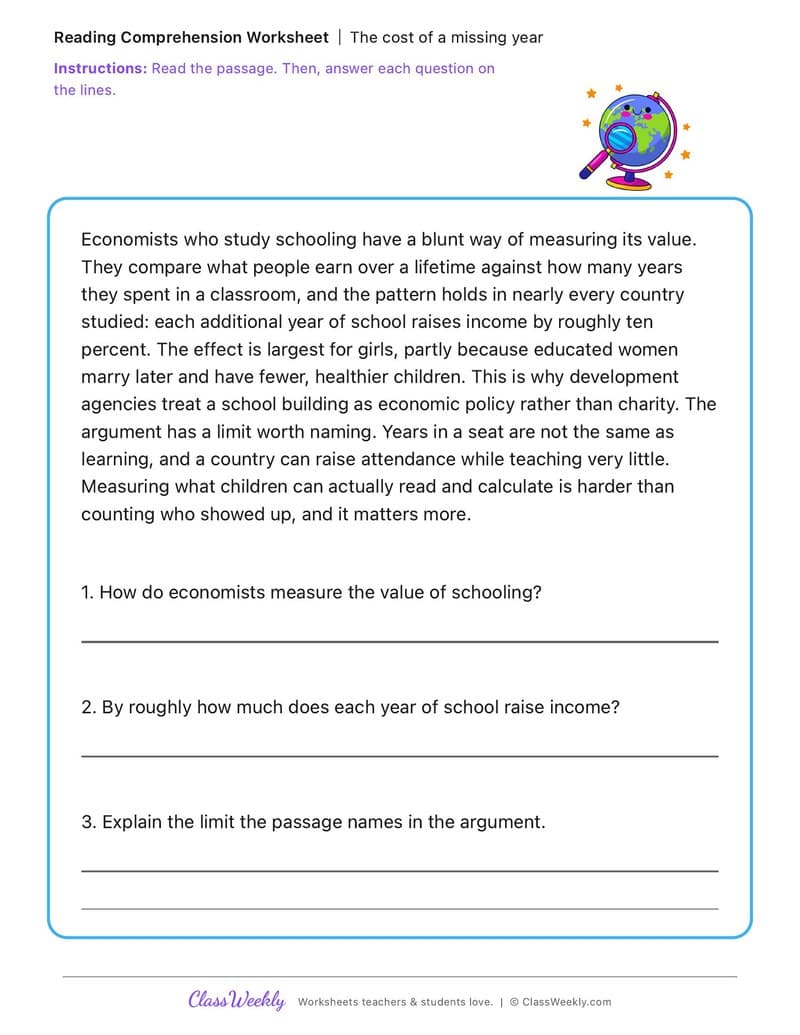 The cost of a missing year - International Day of Education - 4th Grade worksheet preview