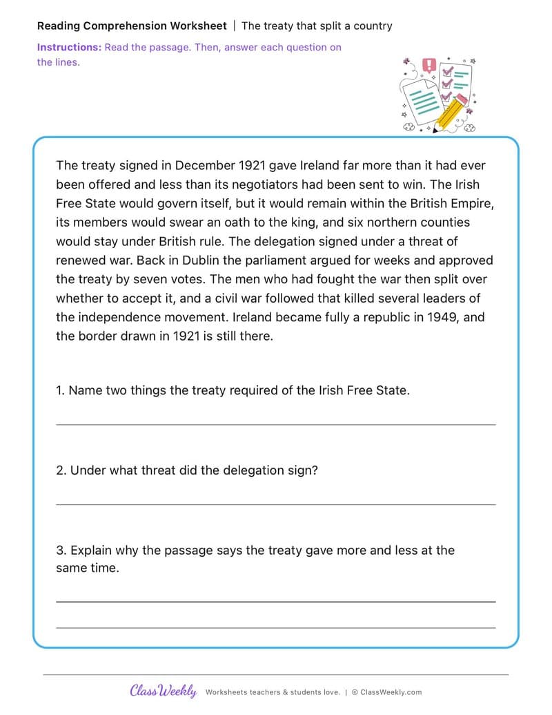 The treaty that split a country - Irish Revolution and War of Independence - 4th Grade worksheet preview