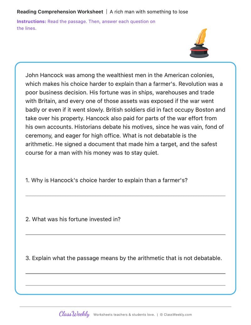 A rich man with something to lose - John Hancock - 4th Grade worksheet preview