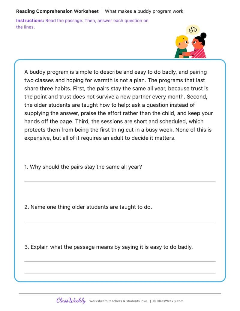 What makes a buddy program work - Kindergarten Buddy Day - 4th Grade worksheet preview
