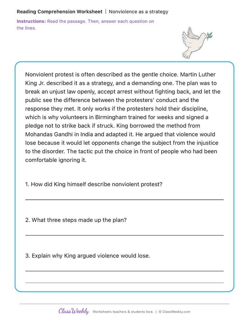 Nonviolence as a strategy - MLK Day / Black History Month - 4th Grade worksheet preview
