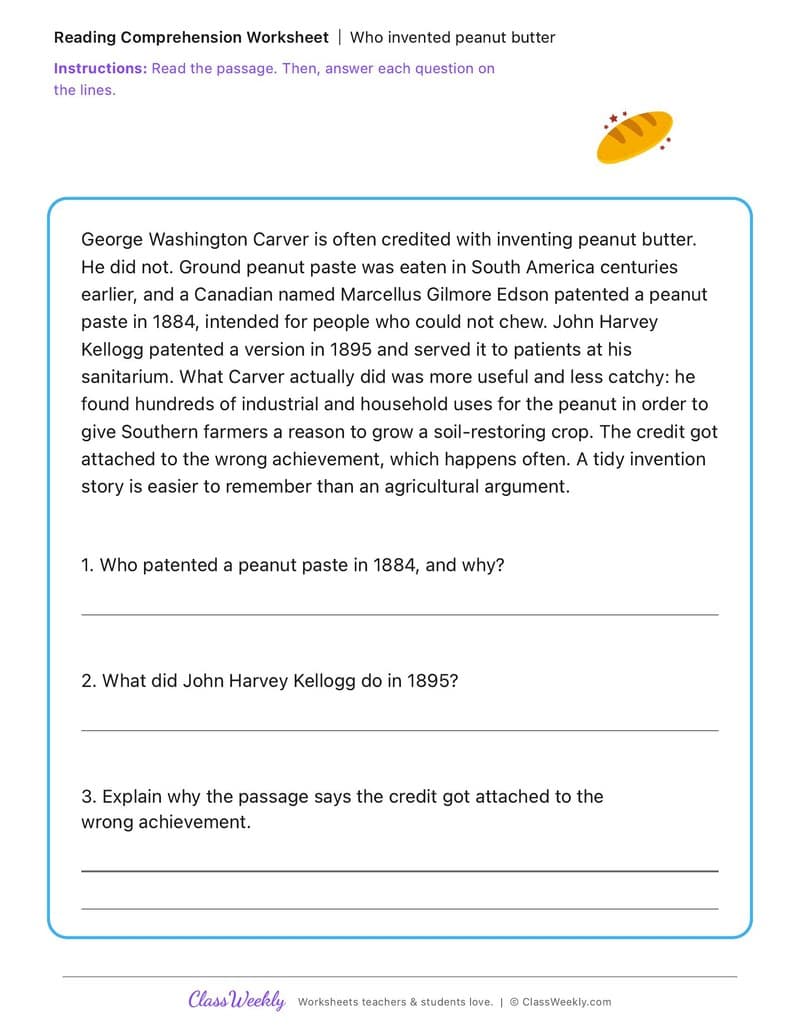 Who invented peanut butter - National Peanut Butter Day - 4th Grade worksheet preview