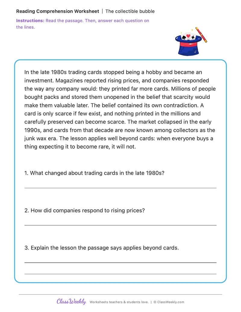 The collectible bubble - National Trading Card Day - 4th Grade worksheet preview