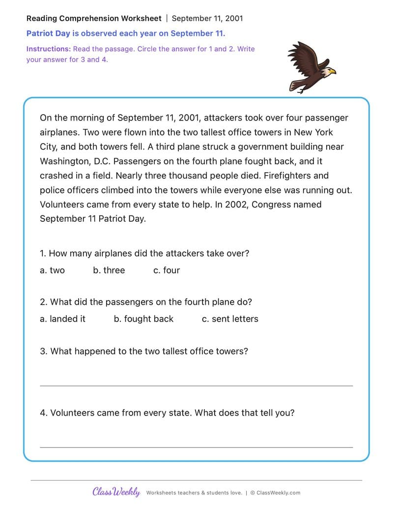 September 11, 2001 - Patriot Day - 4th Grade worksheet preview