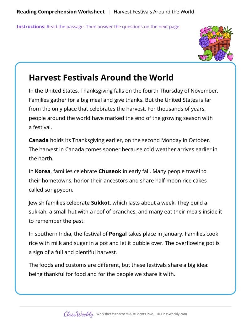 Thanksgiving Reading Comprehension: Harvest Festivals - 4th Grade worksheet preview