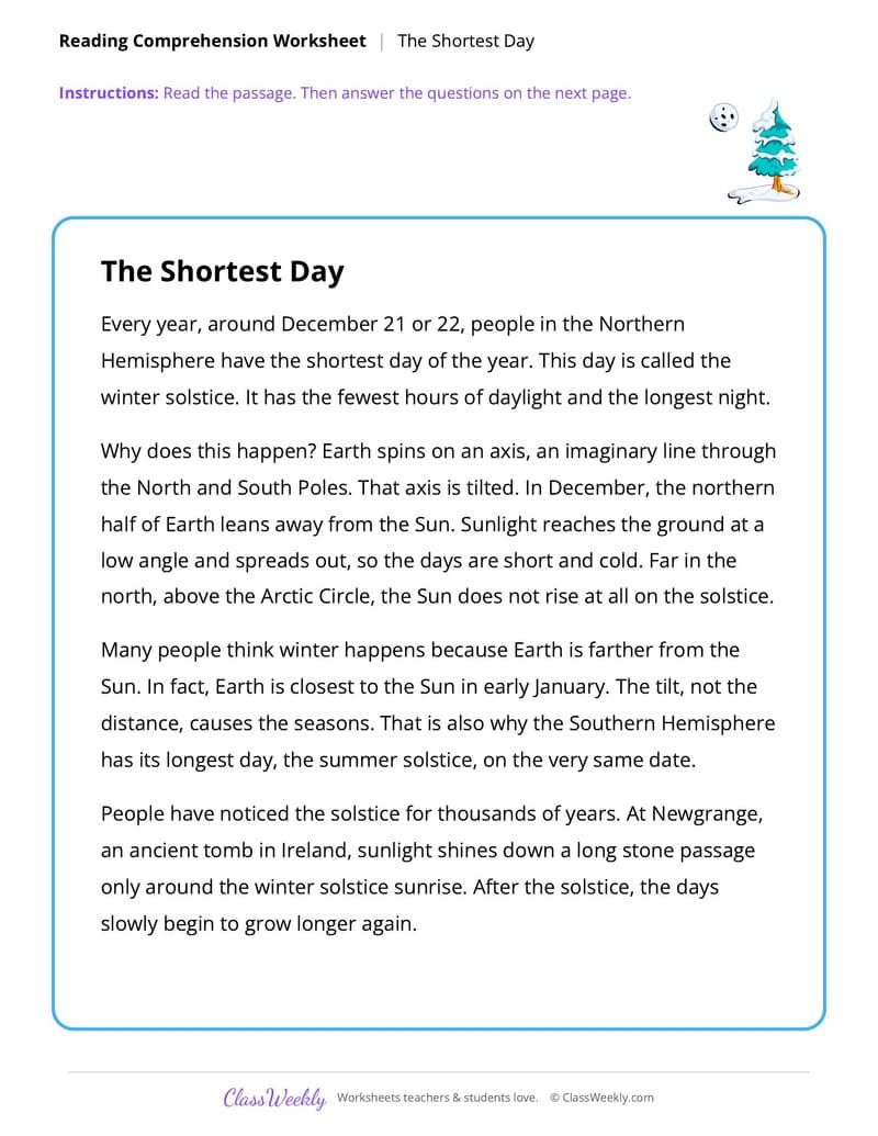 Christmas Reading Comprehension: The Winter Solstice - 4th Grade worksheet preview
