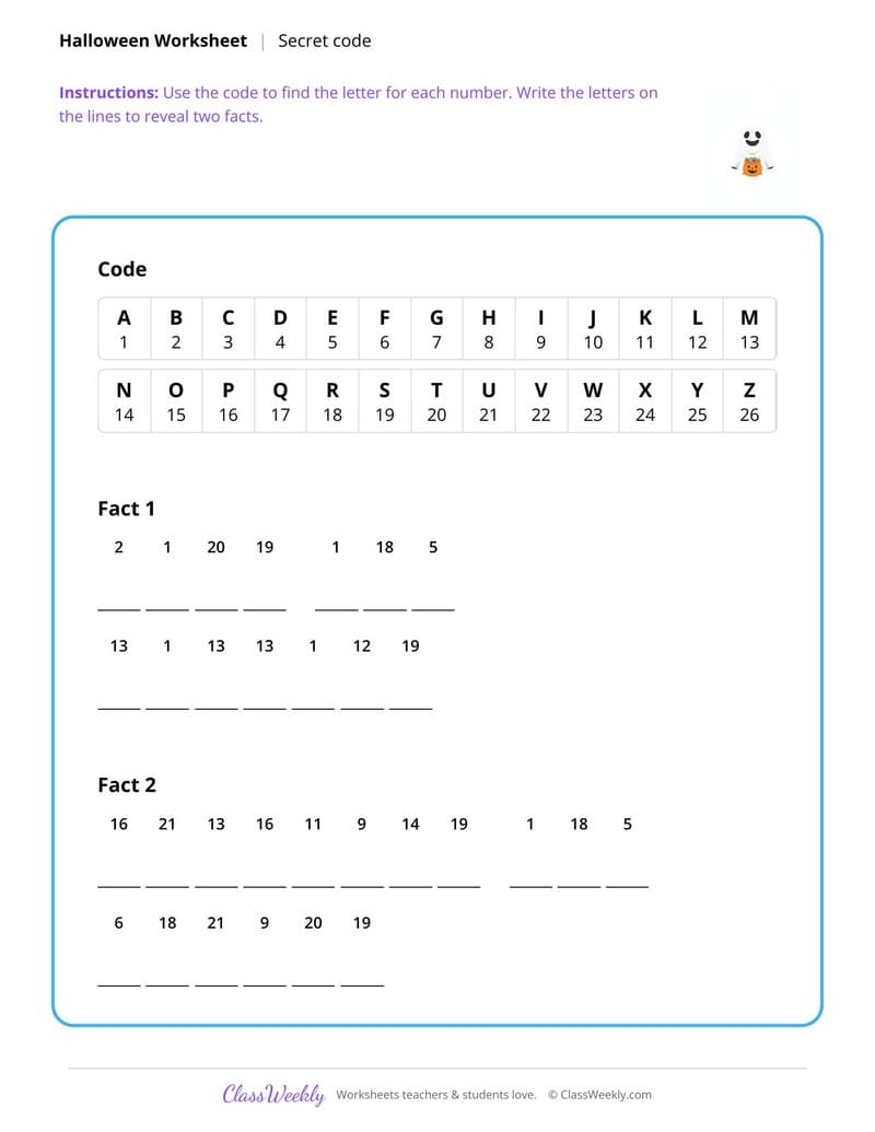 Secret Code - Halloween - 4th Grade worksheet preview