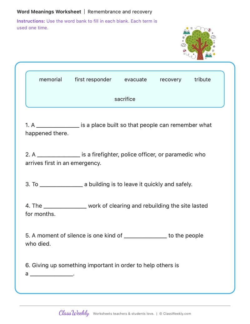Remembrance and Recovery - Patriot Day - 4th Grade worksheet preview