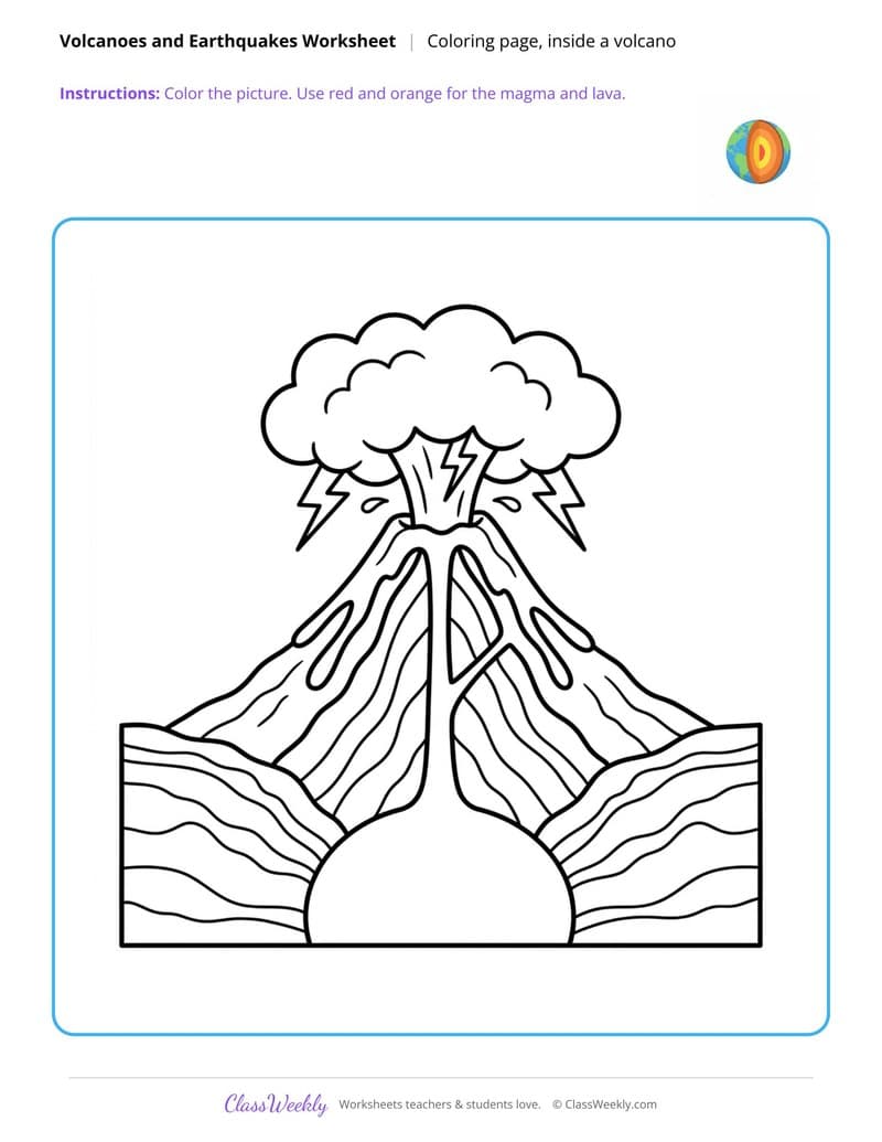 Inside a Volcano Coloring Page - Volcanoes & Earthquakes - 4th Grade Coloring Pages printable preview