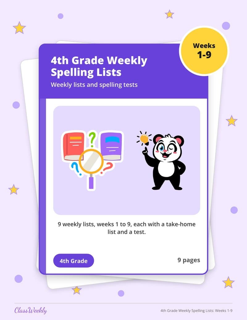 4th Grade Weekly Spelling Lists: Weeks 1-9 - 3rd Grade Spelling Lists printable preview