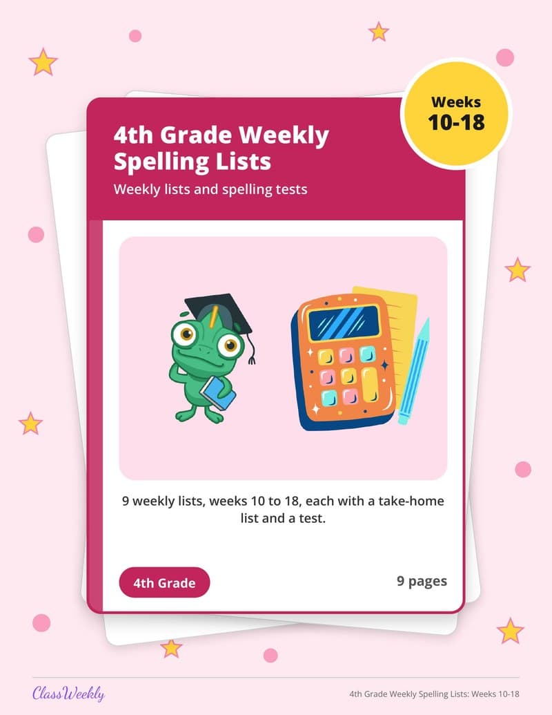 4th Grade Weekly Spelling Lists: Weeks 10-18 - 3rd Grade Spelling Lists printable preview