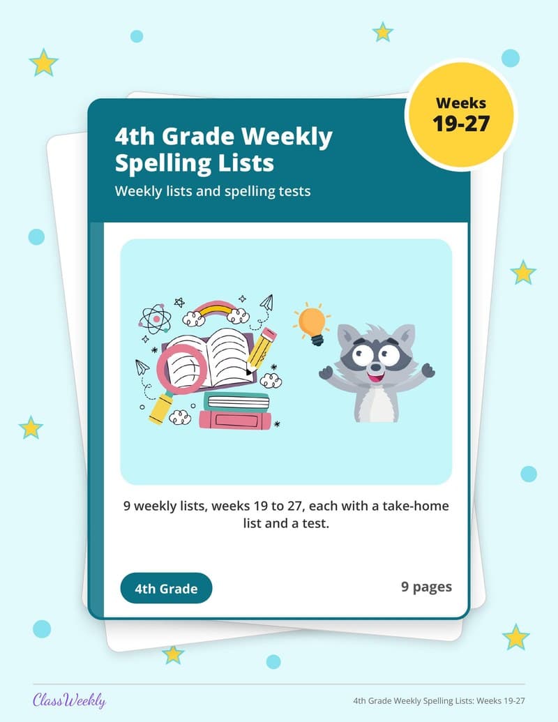 4th Grade Weekly Spelling Lists: Weeks 19-27 - 4th Grade Spelling Lists printable preview