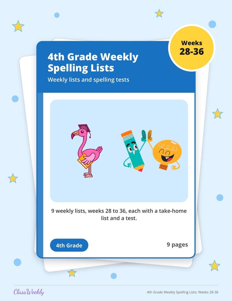 4th Grade Weekly Spelling Lists: Weeks 28-36 - 4th Grade Spelling Lists printable preview