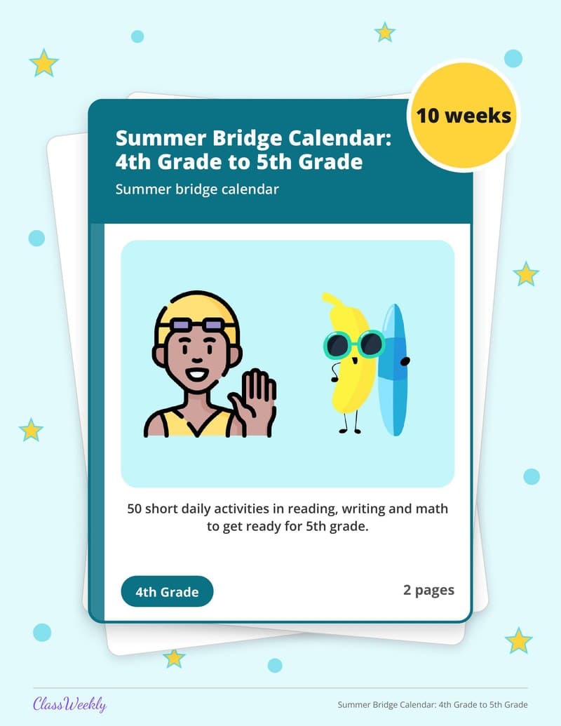 Summer Bridge Calendar: 4th Grade to 5th Grade - 3rd Grade Summer Activities printable preview