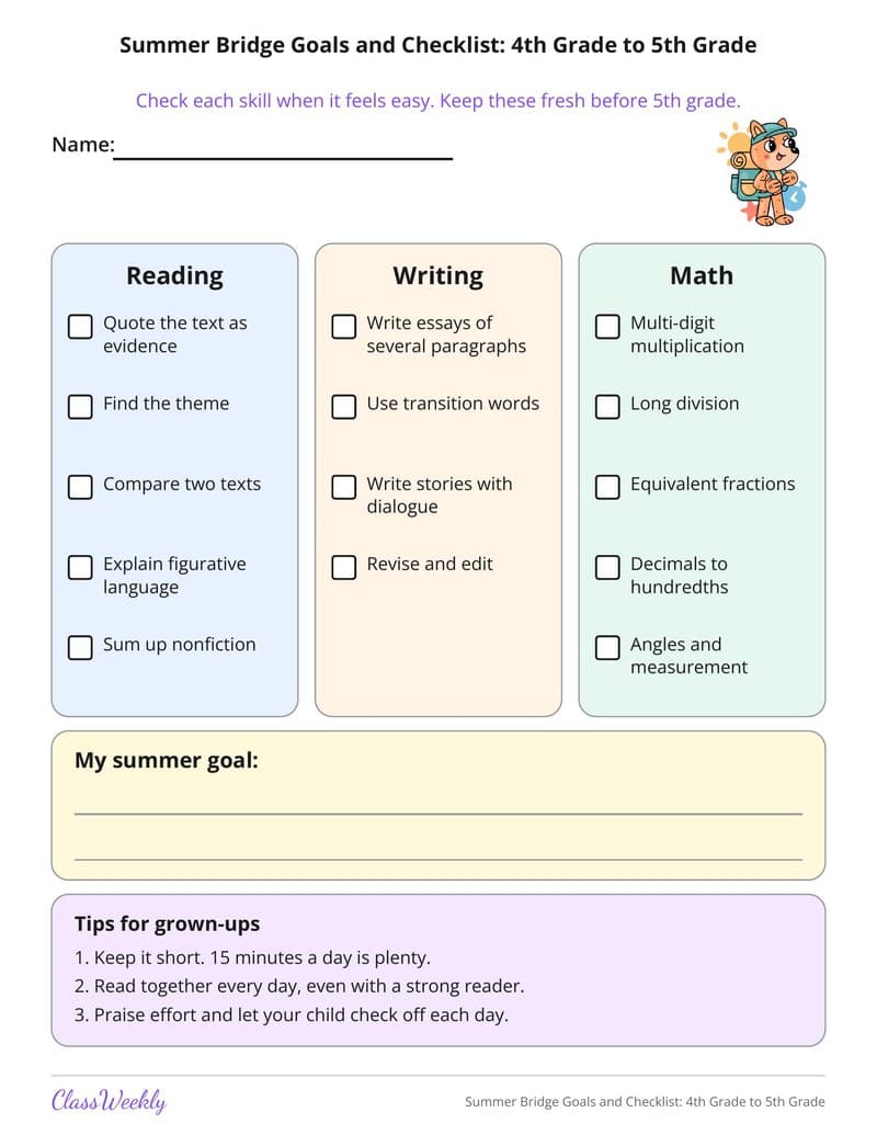 Summer Bridge Goals and Checklist: 4th Grade to 5th Grade - 3rd Grade Summer Activities printable preview