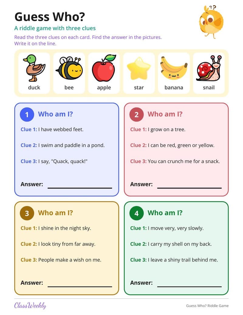 Guess Who? Riddle Game - 1st Grade Grammar worksheet preview