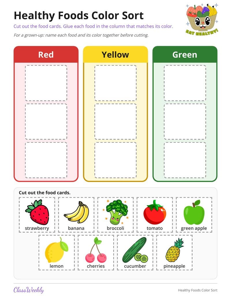Healthy Foods Color Sort - Kindergarten Food printable preview
