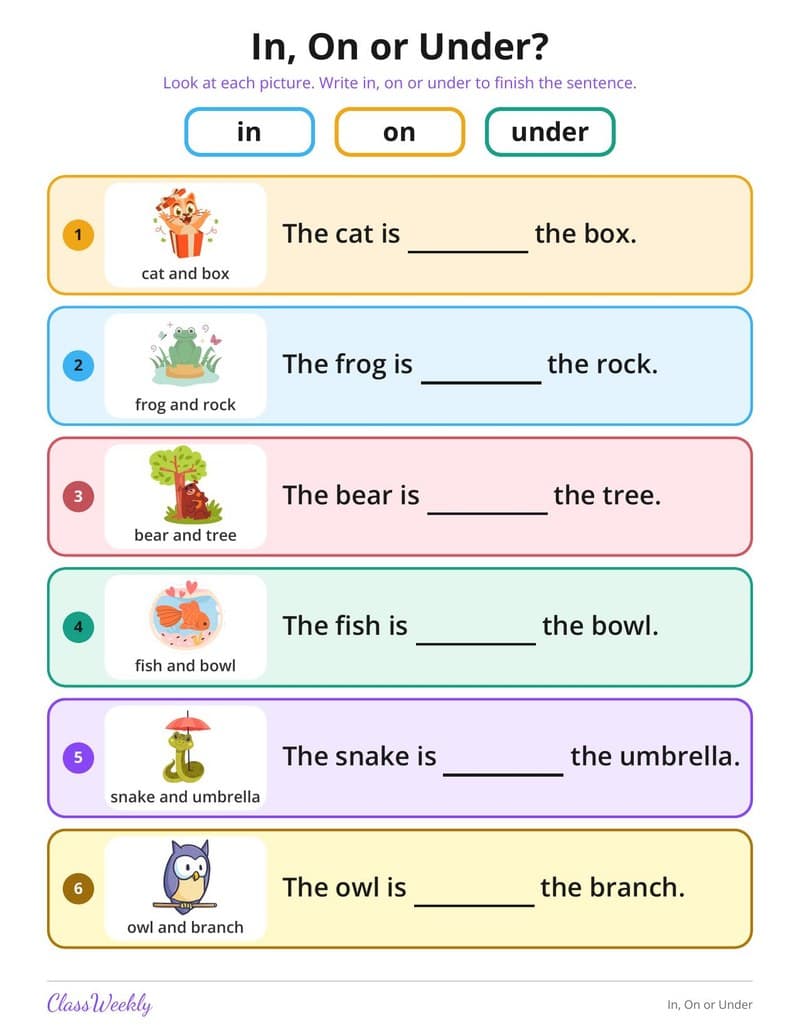 In, On or Under - 1st Grade Grammar printable preview