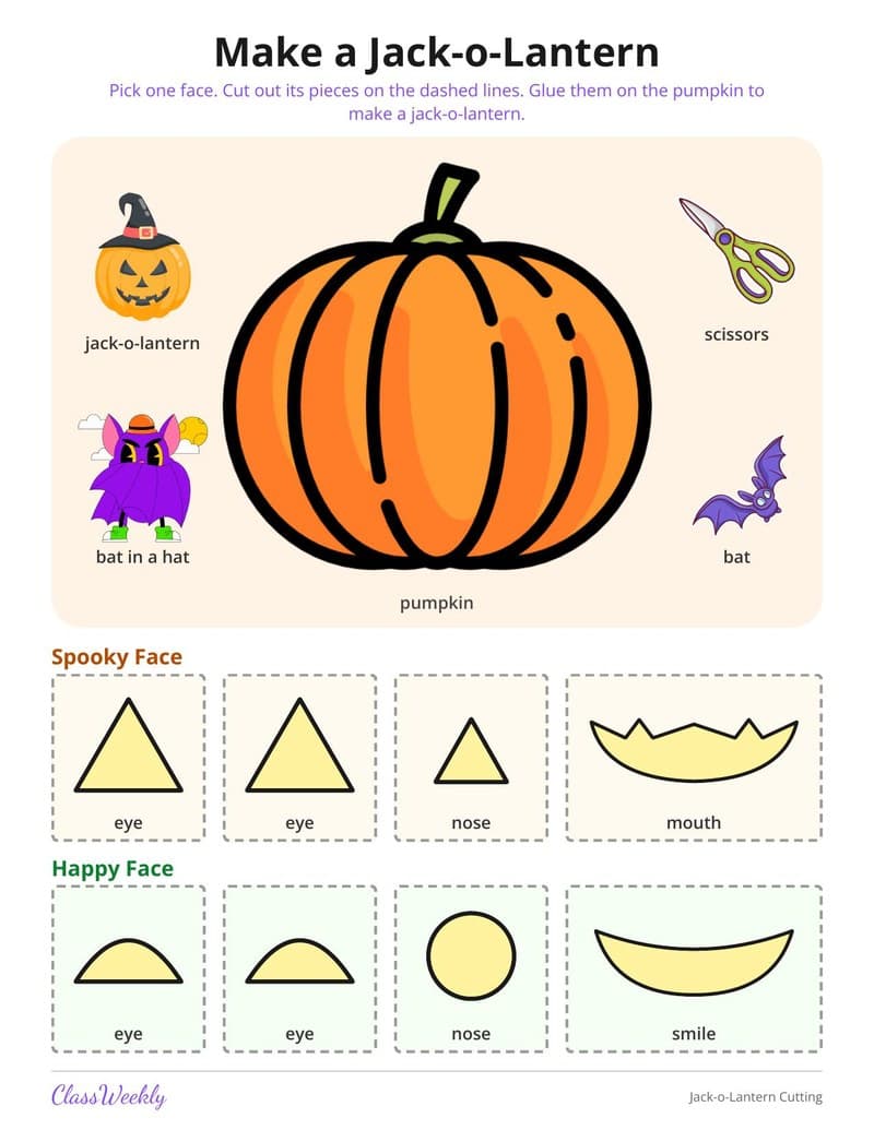 Jack-o-Lantern Cutting Skills - Kindergarten Holiday Activities printable preview