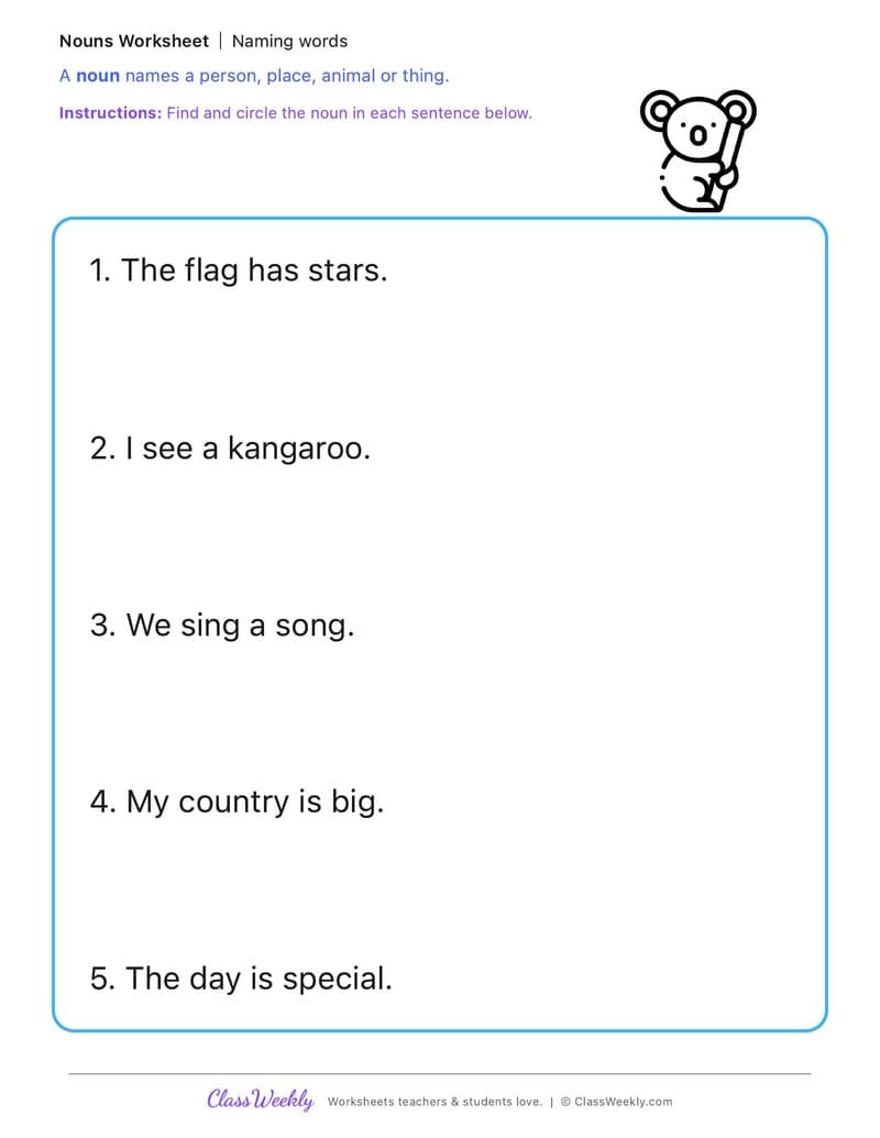 Naming words - Australia's Identity, Celebrations and Commemorations - Kindergarten worksheet preview