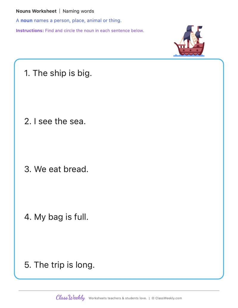 Naming words - First Fleet - Kindergarten worksheet preview