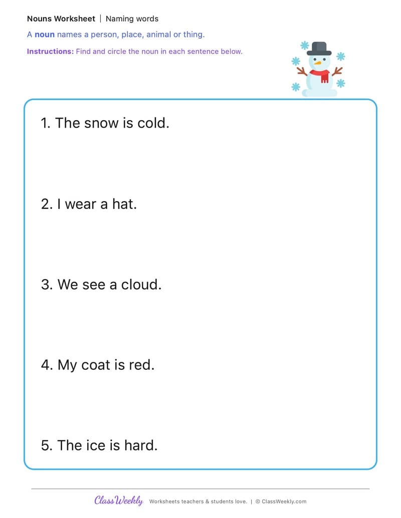 Naming words - Winter Science & Weather - Kindergarten worksheet preview