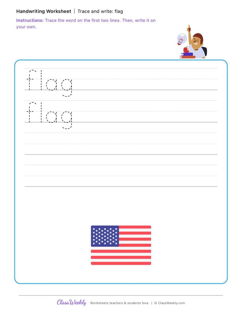 Trace and Write: Flag - Patriot Day - Kindergarten worksheet preview