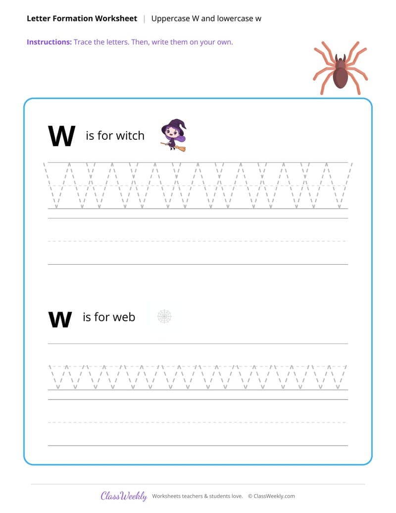 Uppercase W and Lowercase w - Halloween - Kindergarten worksheet preview