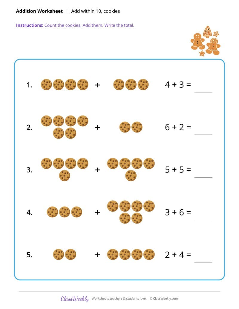 Christmas Addition Within 10 - Kindergarten worksheet preview