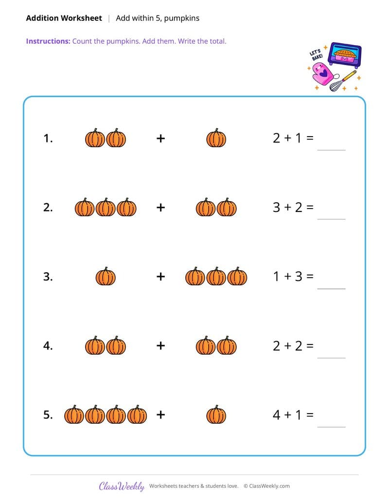 Thanksgiving Addition Within 5 - Kindergarten worksheet preview