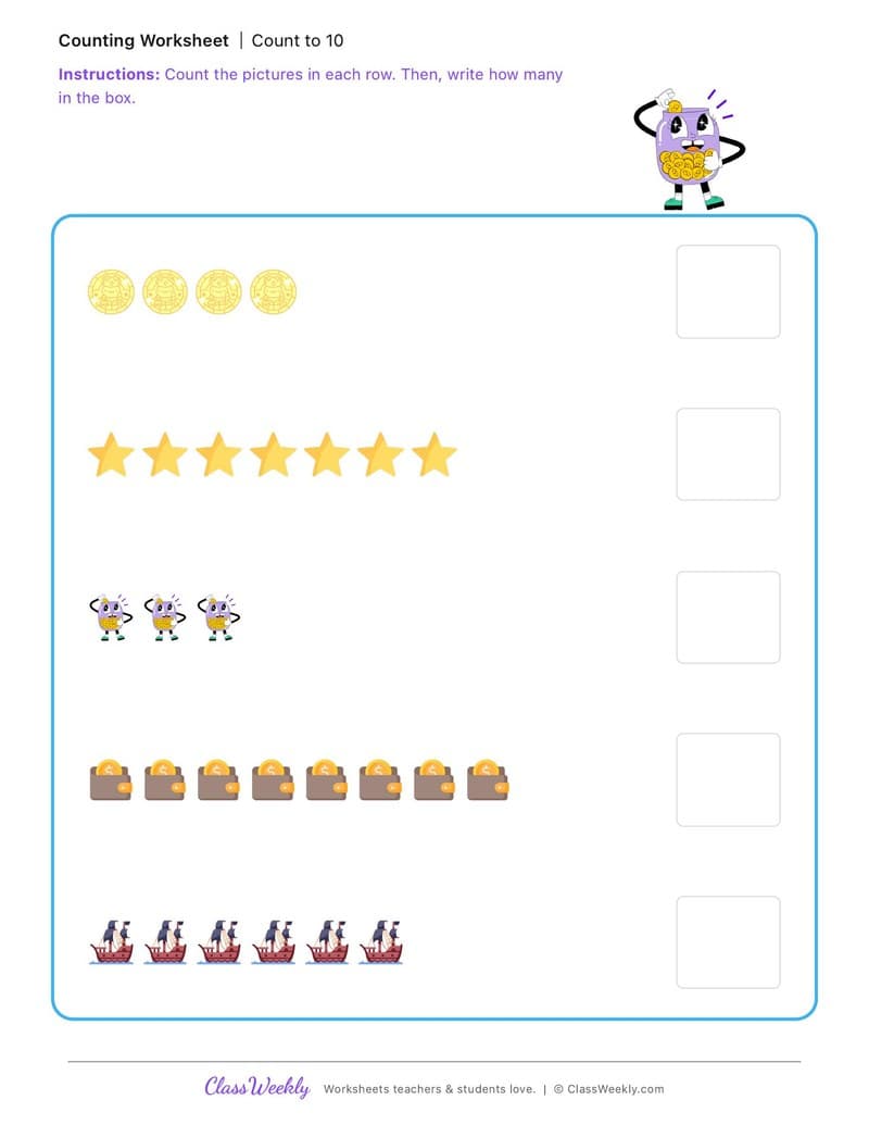Count to 10 - California Gold Rush - Kindergarten worksheet preview