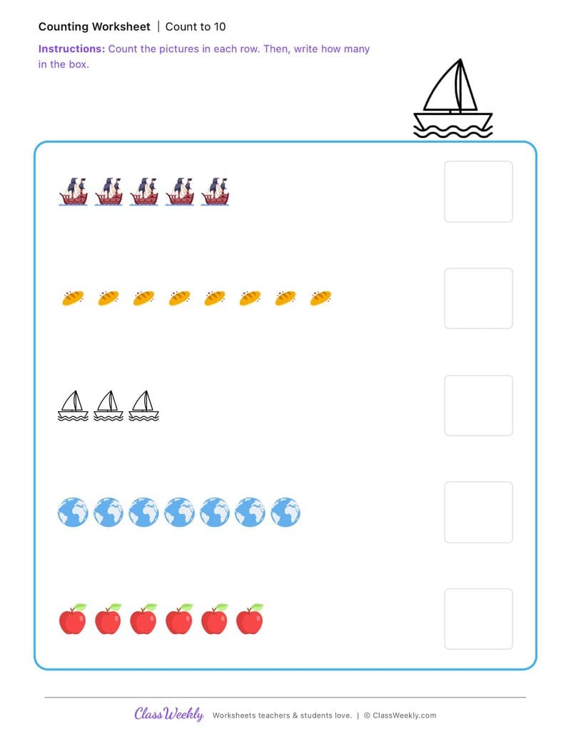 Count to 10 - First Fleet - Kindergarten worksheet preview