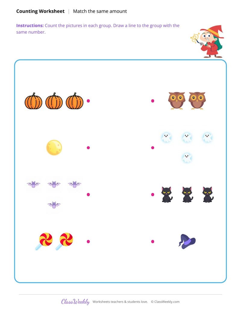 Match the Same Amount - Halloween - Kindergarten worksheet preview