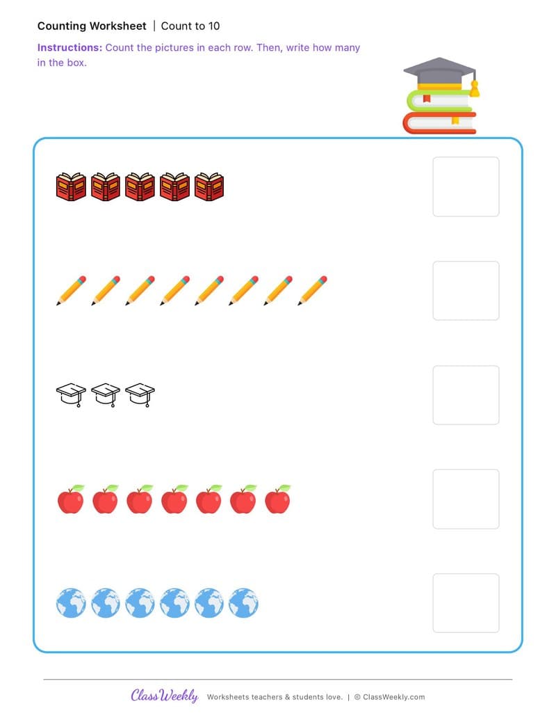 Count to 10 - International Day of Education - Kindergarten worksheet preview