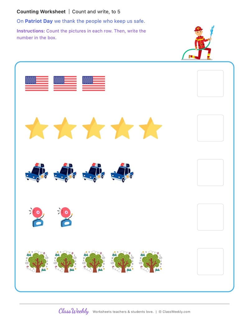 Count and Write, to 5 - Patriot Day - Kindergarten worksheet preview